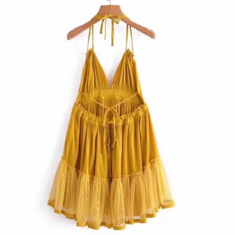 SOLD OUT Mustard Swiss Dot Mesh Ruffle Halter Mini Dress - Picture 10 of 10